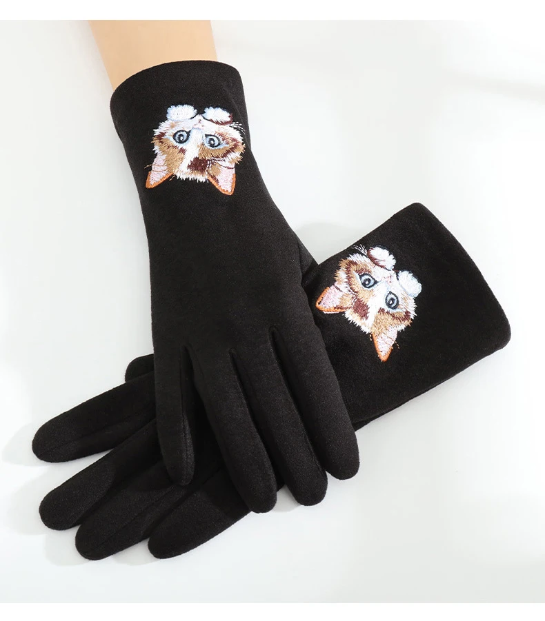 Cartoon Cat Embroidery Warm Gloves Women Winter Thick Cycling Driving Youth Students Fashion Cute Touch Screen Mittens Girl Gift