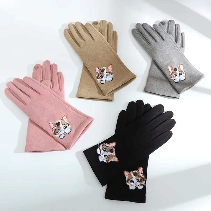 Cartoon Cat Embroidery Warm Gloves Women Winter Thick Cycling Driving Youth Students Fashion Cute Touch Screen Mittens Girl Gift