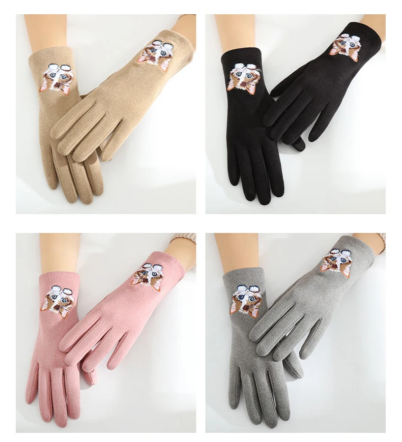 Cartoon Cat Embroidery Warm Gloves Women Winter Thick Cycling Driving Youth Students Fashion Cute Touch Screen Mittens Girl Gift