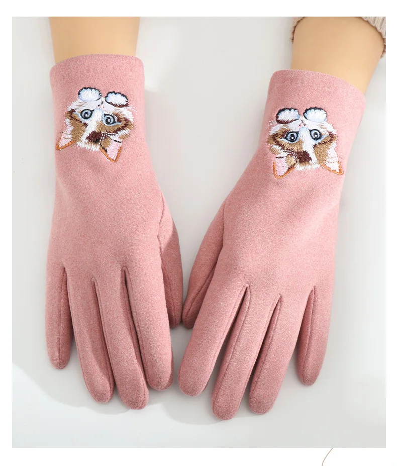 Cartoon Cat Embroidery Warm Gloves Women Winter Thick Cycling Driving Youth Students Fashion Cute Touch Screen Mittens Girl Gift