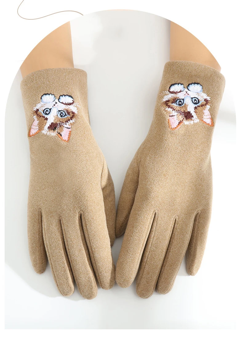 Cartoon Cat Embroidery Warm Gloves Women Winter Thick Cycling Driving Youth Students Fashion Cute Touch Screen Mittens Girl Gift