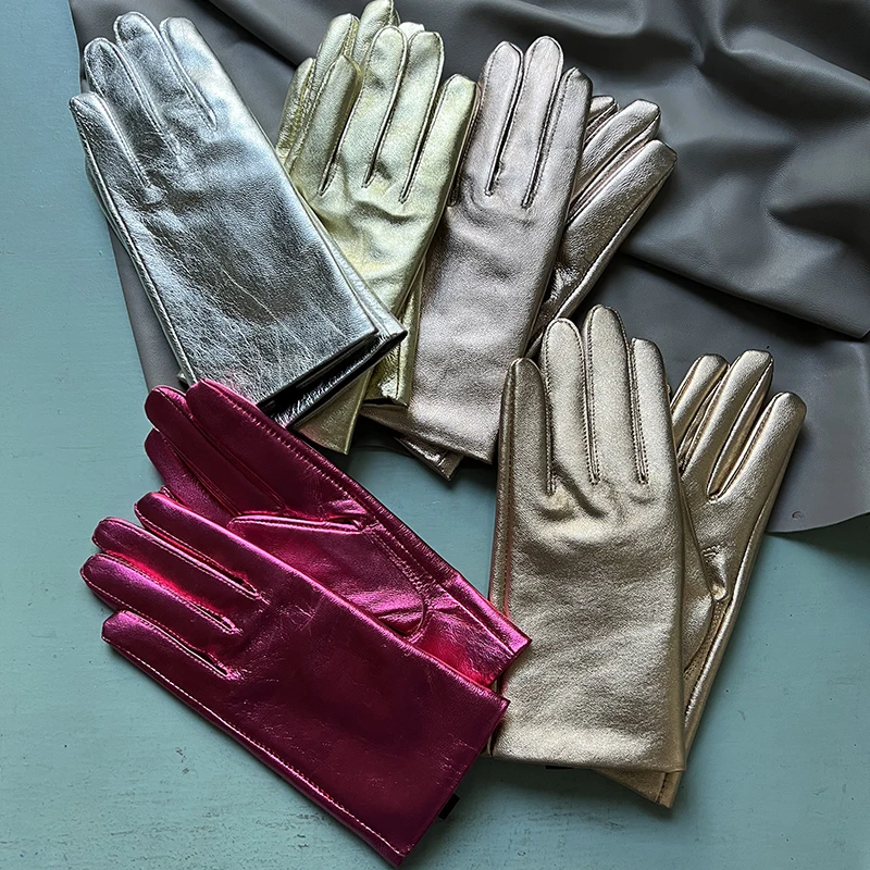 Patent Leather Glove Woman Genuine Leather Short Style Autumn Winter Warm Velvet Lining Leisure Driving Gloves