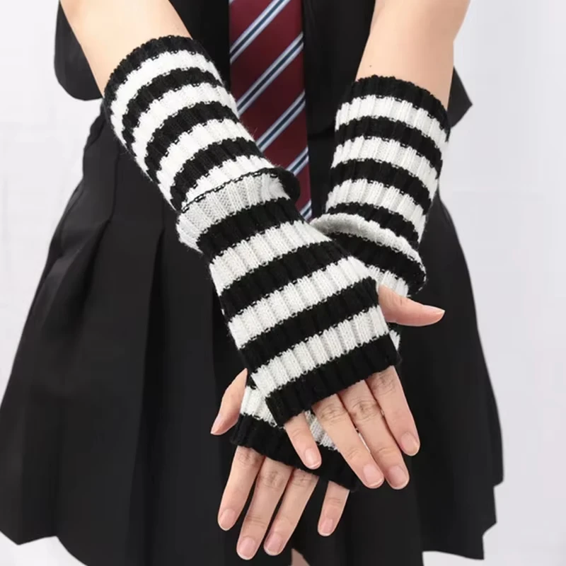 Christmas Red Striped Knitted Long Fingerless Arm Sleeves Women Winter Arm Warmer Harajuku Girls Y2K Fashion Half Finger Gloves
