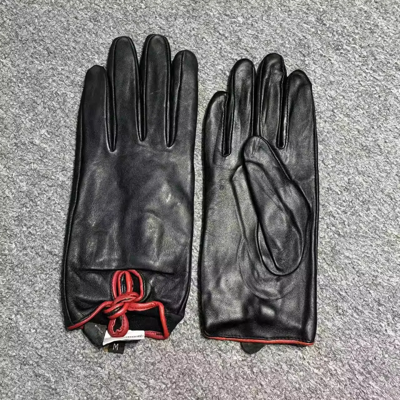 Women Genuine Sheepskin Finger Gloves, Warm Cold-Resistant Black Bow Decor, Simple Cycling Riding Gloves Big Size R3232
