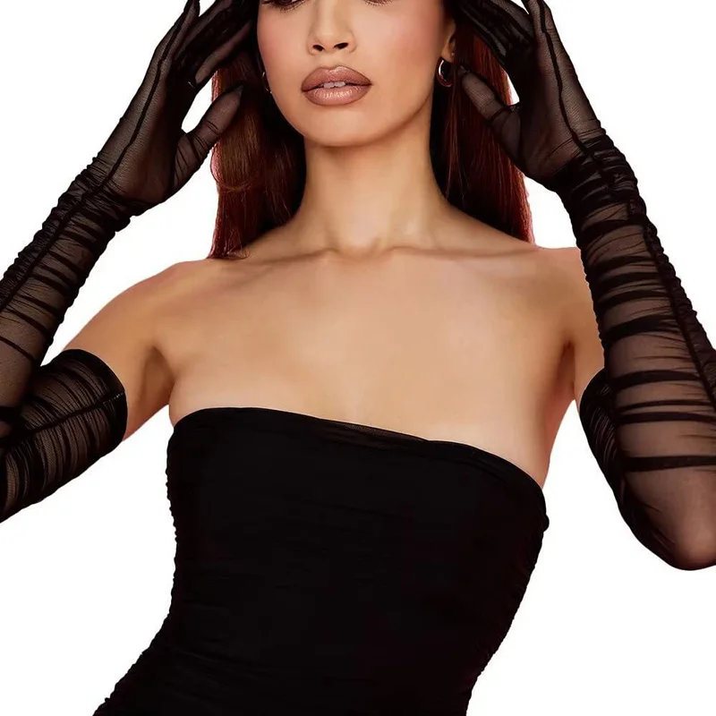 70cm Extra Long Sexy Women Transparent Elasticity Mesh Tulle Solid Gloves Opera Halloween Costume Cosplay Party Dance Gloves