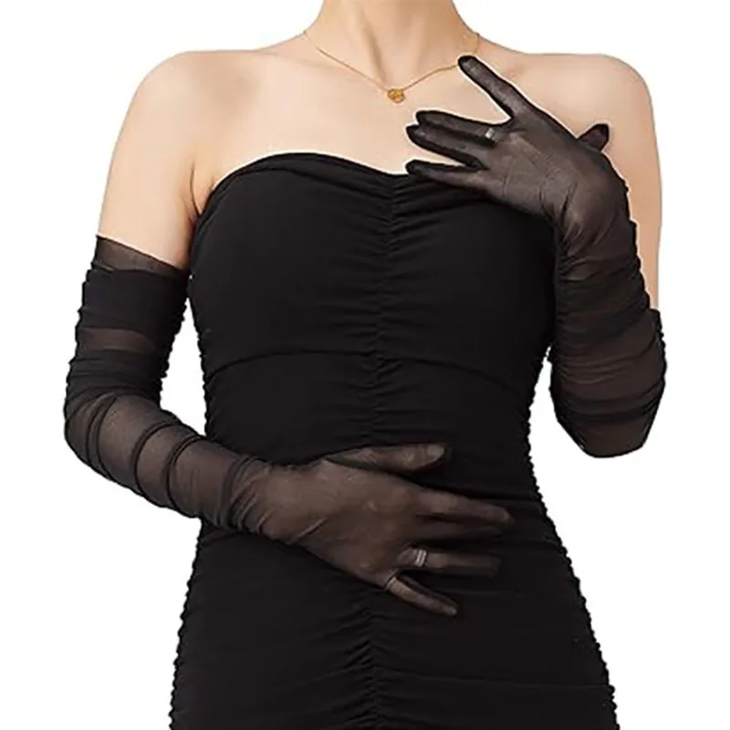 70cm Extra Long Sexy Women Transparent Elasticity Mesh Tulle Solid Gloves Opera Halloween Costume Cosplay Party Dance Gloves