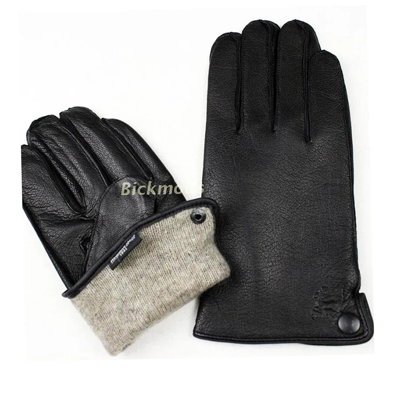 Winter Thick Warm Deerskin Gloves Men's Leather Fashion Simple Outer Seam Style Flannel Lining Thin Wool Points Free Shipping
