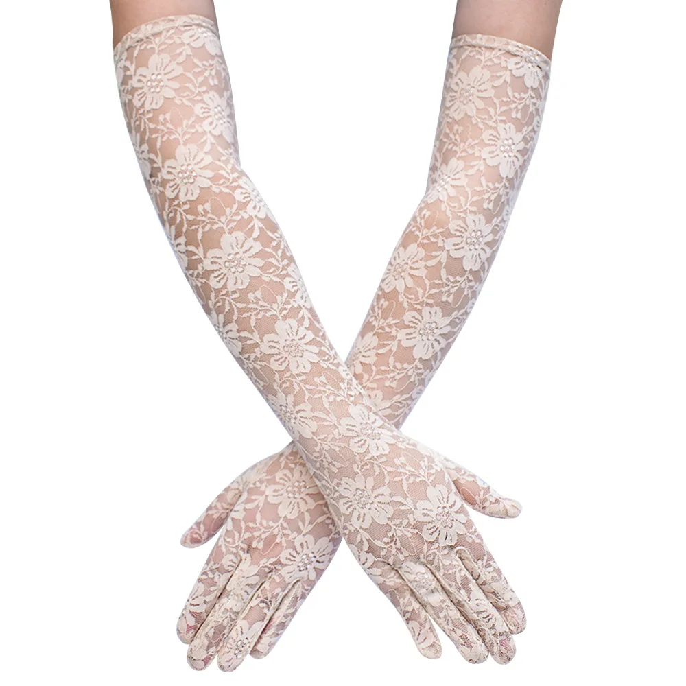 New Elastic Floral Lace Full Finger Holiday Party Gloves For Men Women Solid Sunscreen Long Mittens Outdoor Dress Up Gloves