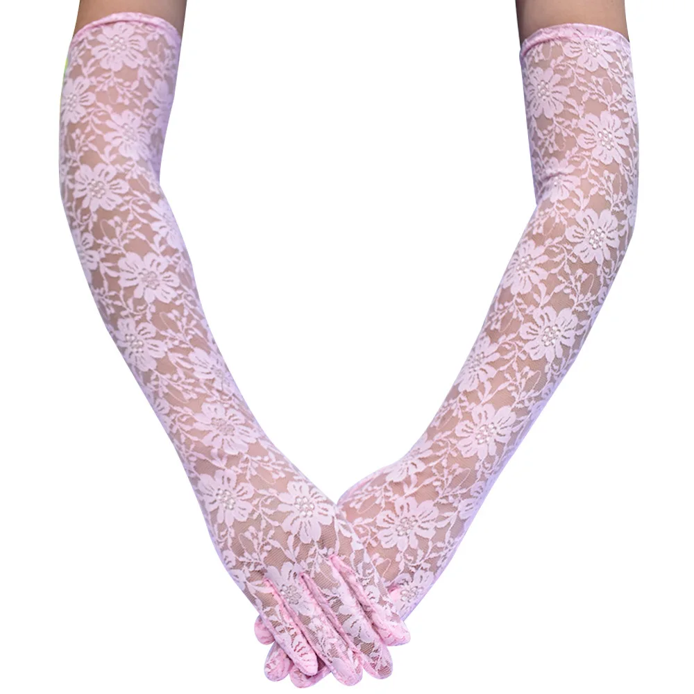 New Elastic Floral Lace Full Finger Holiday Party Gloves For Men Women Solid Sunscreen Long Mittens Outdoor Dress Up Gloves