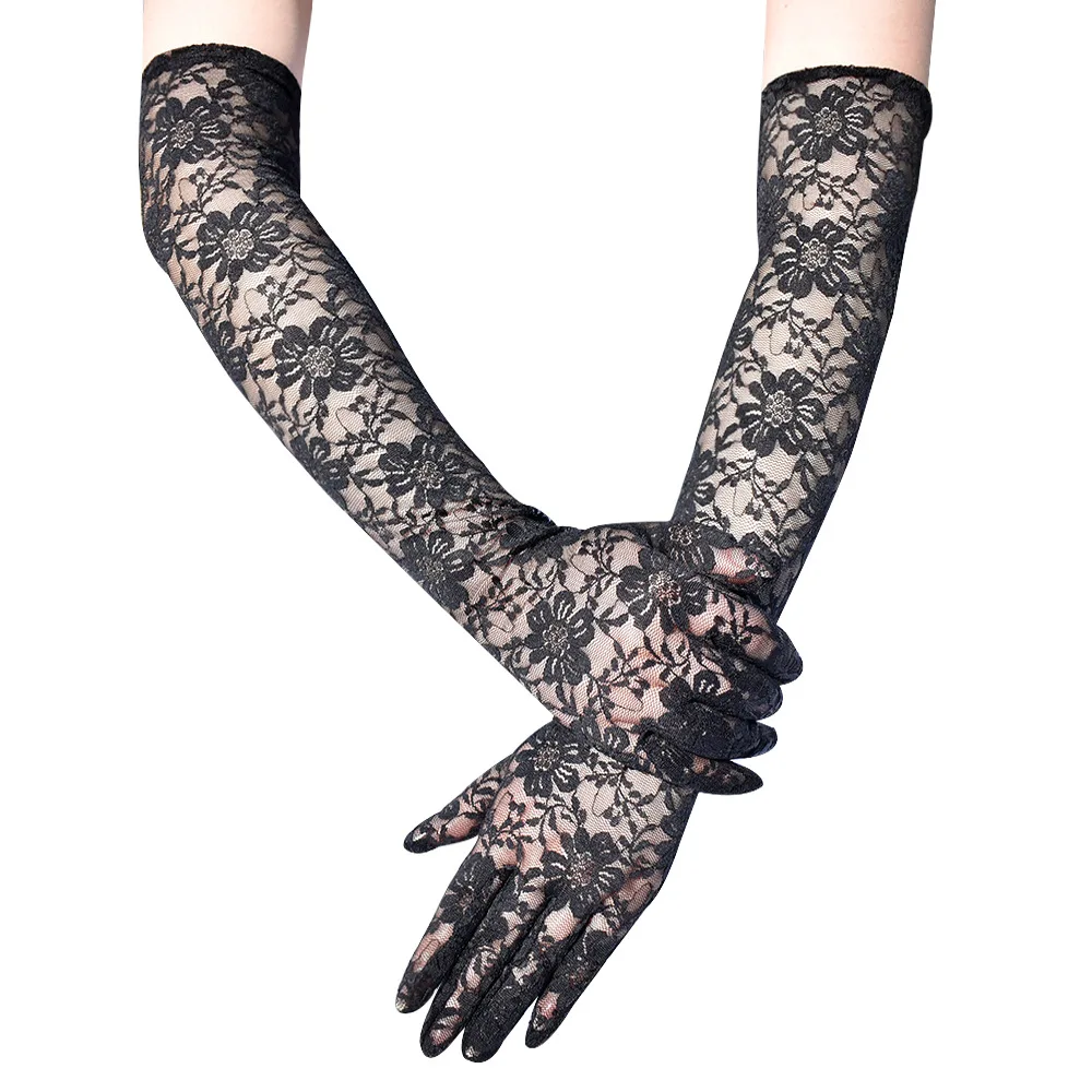 New Elastic Floral Lace Full Finger Holiday Party Gloves For Men Women Solid Sunscreen Long Mittens Outdoor Dress Up Gloves