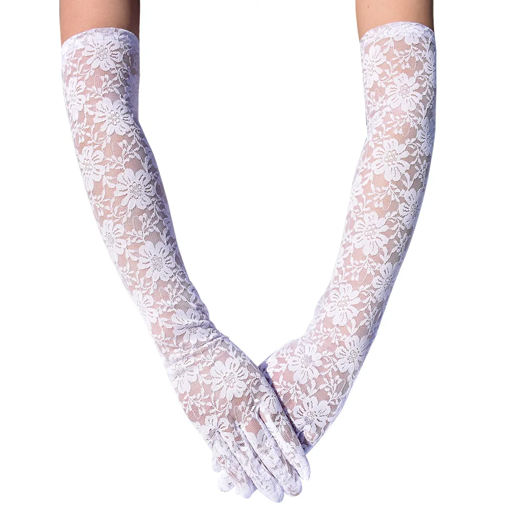 New Elastic Floral Lace Full Finger Holiday Party Gloves For Men Women Solid Sunscreen Long Mittens Outdoor Dress Up Gloves