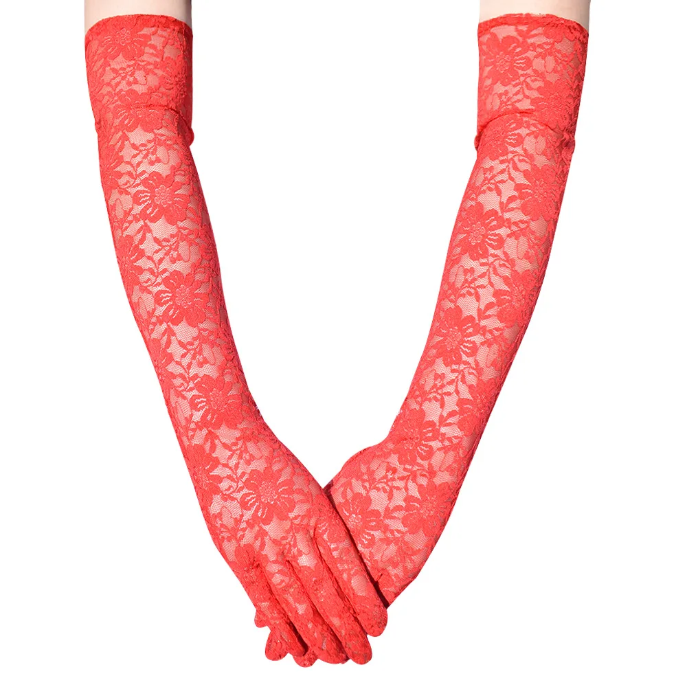New Elastic Floral Lace Full Finger Holiday Party Gloves For Men Women Solid Sunscreen Long Mittens Outdoor Dress Up Gloves
