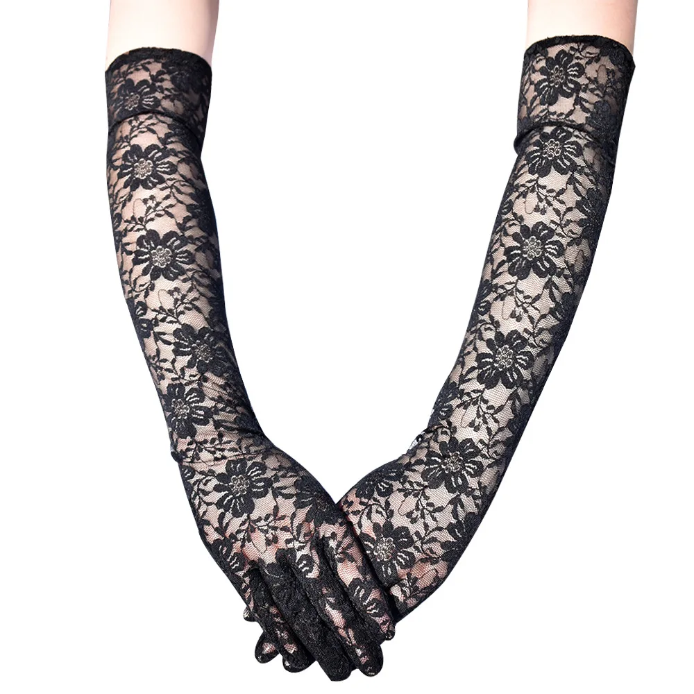 New Elastic Floral Lace Full Finger Holiday Party Gloves For Men Women Solid Sunscreen Long Mittens Outdoor Dress Up Gloves