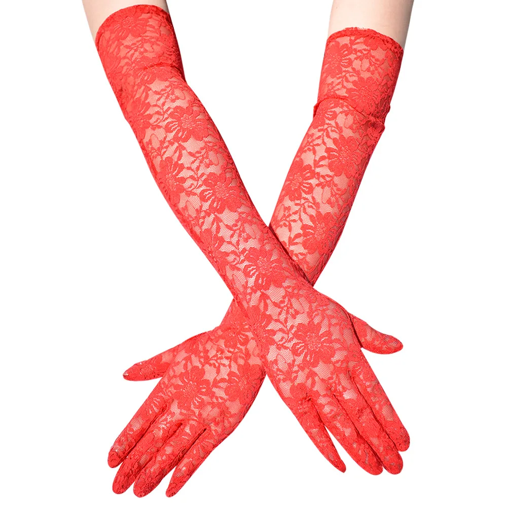 New Elastic Floral Lace Full Finger Holiday Party Gloves For Men Women Solid Sunscreen Long Mittens Outdoor Dress Up Gloves