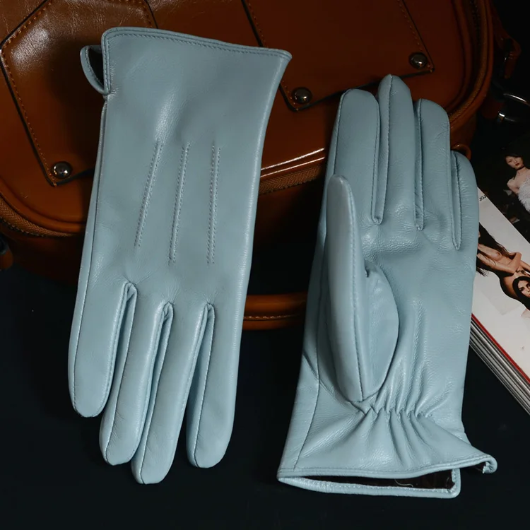 Women's Ladies 100% Real Leather Sheep skin Elegant Winter Warm Thick Lining White Pink Colorful Cute Outdoor Short Gloves