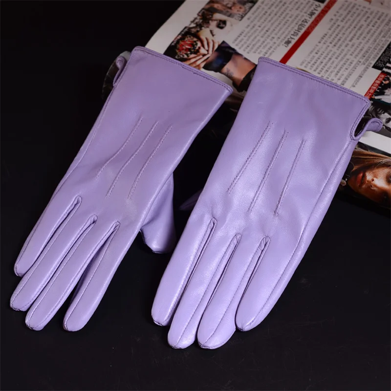 Women's Ladies 100% Real Leather Sheep skin Elegant Winter Warm Thick Lining White Pink Colorful Cute Outdoor Short Gloves