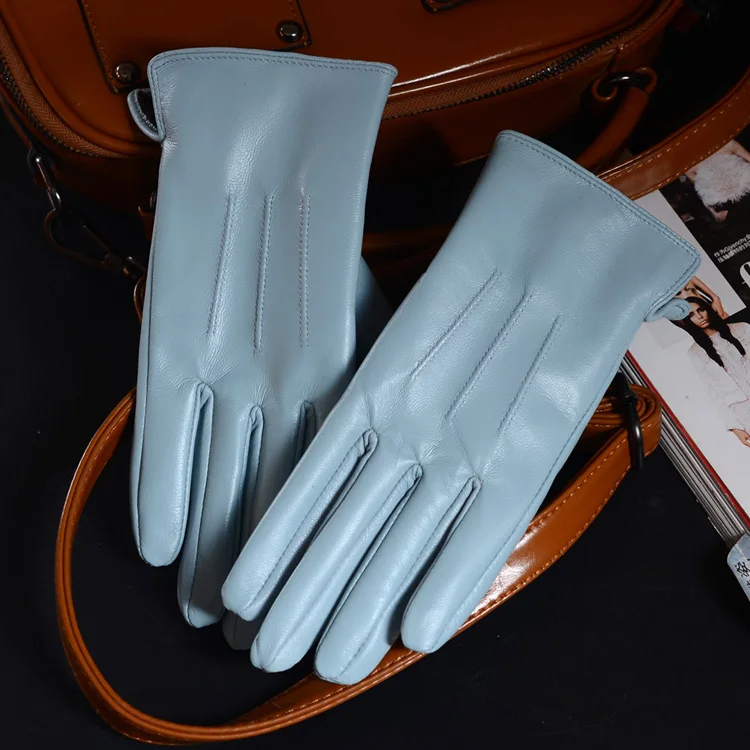Women's Ladies 100% Real Leather Sheep skin Elegant Winter Warm Thick Lining White Pink Colorful Cute Outdoor Short Gloves