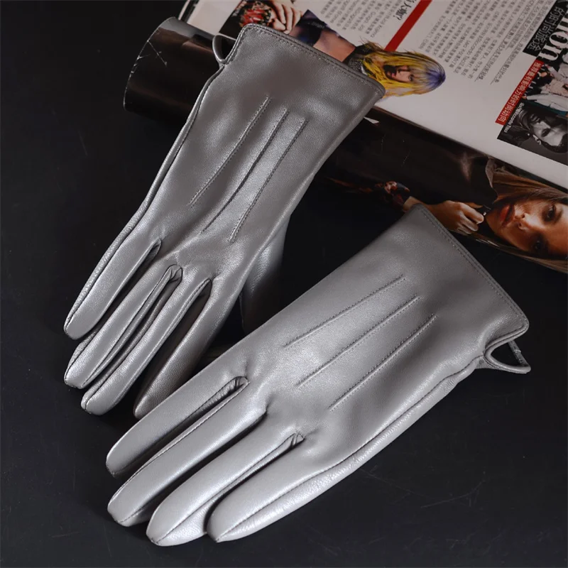 Women's Ladies 100% Real Leather Sheep skin Elegant Winter Warm Thick Lining White Pink Colorful Cute Outdoor Short Gloves