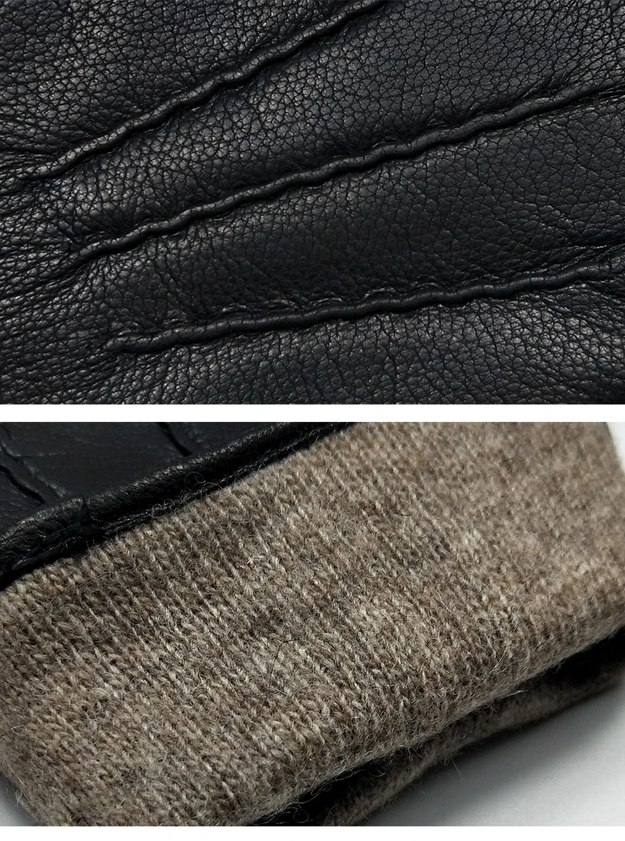 Winter Men Deer Skin Leather Gloves Male Warm Soft Black Sewing Design Men Mittens Imitate Rabbit Hair 70% Wool Lining-07