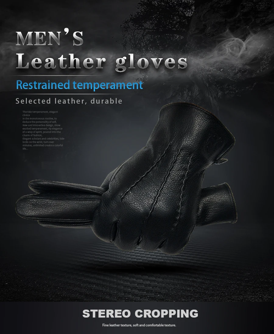 Winter Men Deer Skin Leather Gloves Male Warm Soft Black Sewing Design Men Mittens Imitate Rabbit Hair 70% Wool Lining-07