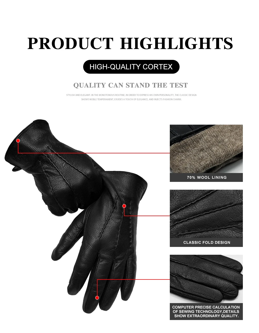 Winter Men Deer Skin Leather Gloves Male Warm Soft Black Sewing Design Men Mittens Imitate Rabbit Hair 70% Wool Lining-07