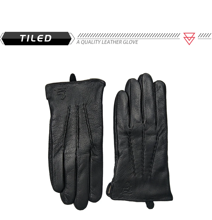 Winter Men Deer Skin Leather Gloves Male Warm Soft Black Sewing Design Men Mittens Imitate Rabbit Hair 70% Wool Lining-07