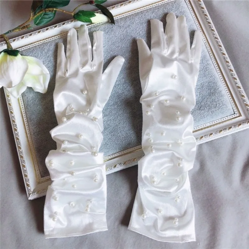 Women Pearl Satin Elegant Fashion Personality Dress Etiquette Photography Accessories Long Gloves Thin Breathable Elasticity