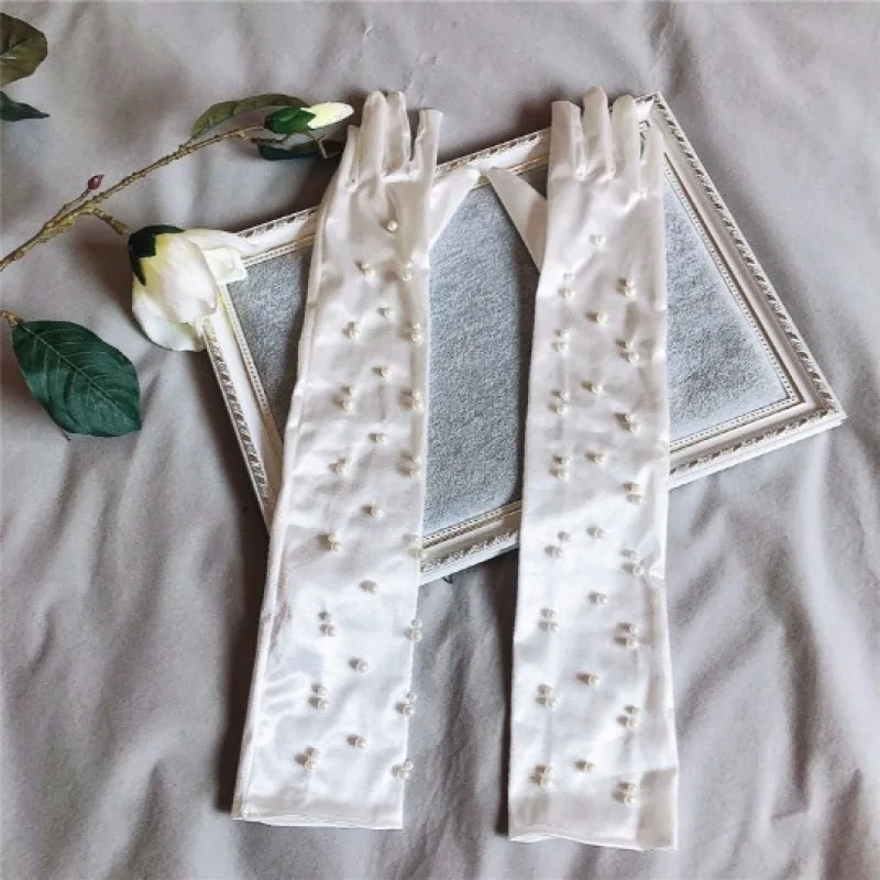 Women Pearl Satin Elegant Fashion Personality Dress Etiquette Photography Accessories Long Gloves Thin Breathable Elasticity