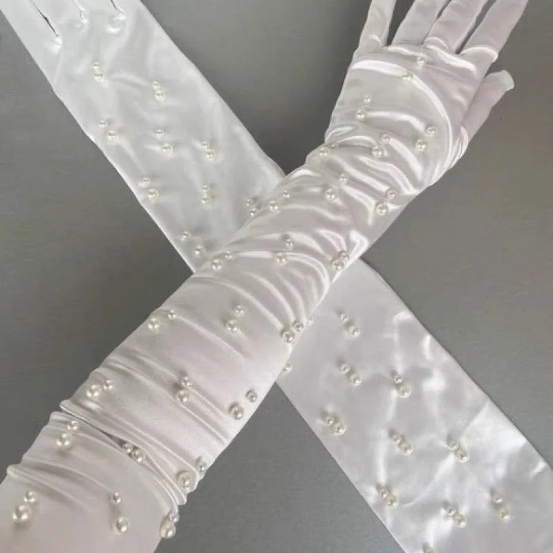 Women Pearl Satin Elegant Fashion Personality Dress Etiquette Photography Accessories Long Gloves Thin Breathable Elasticity