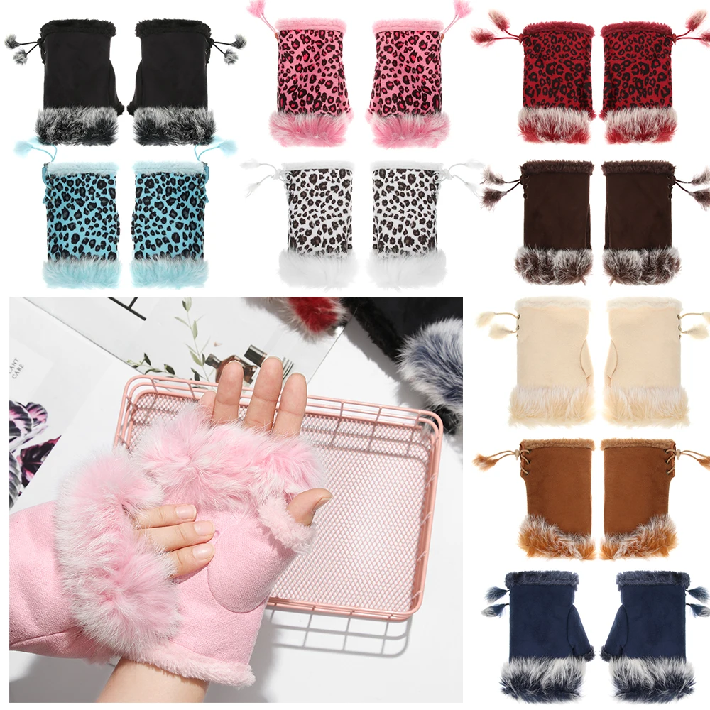 1Pair Fashion Winter Warm Gloves Women Girls Faux Rabbit Fur Warmer Fingerless Mittens Soft Suede Leather Stretch Gloves