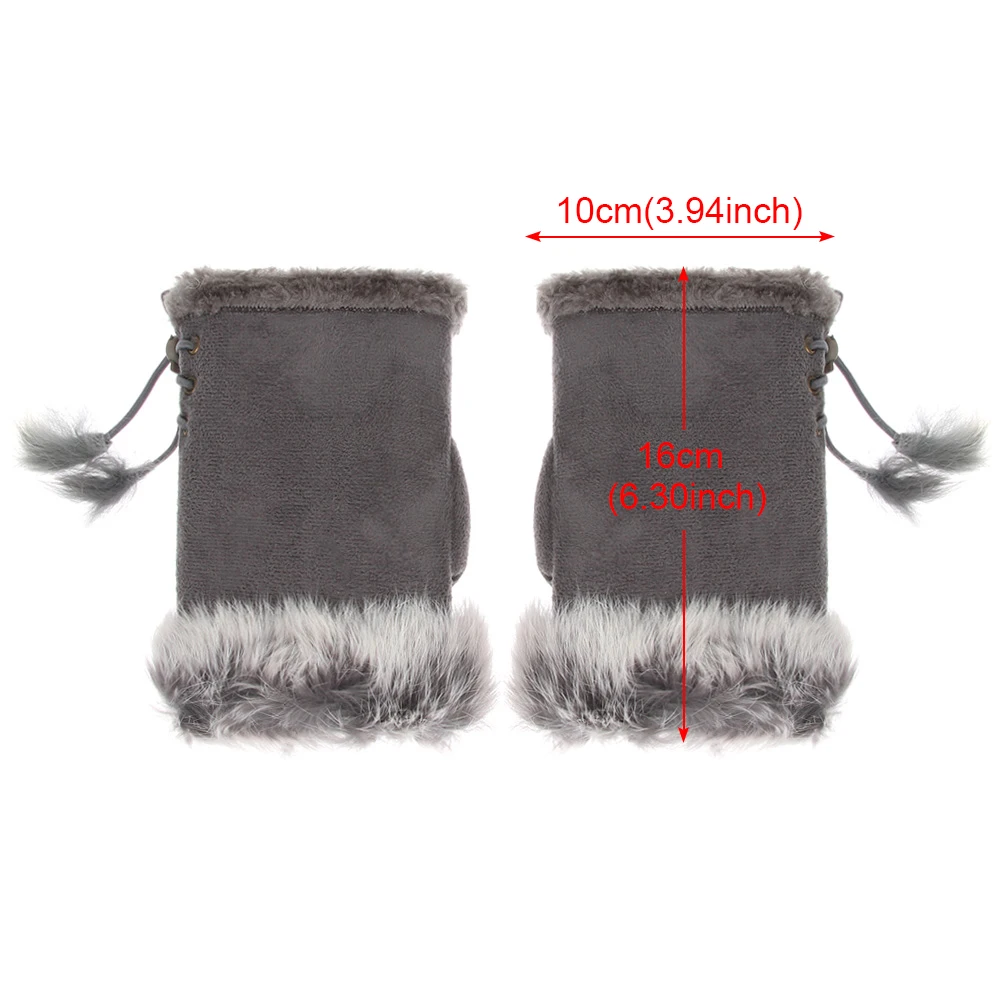 1Pair Fashion Winter Warm Gloves Women Girls Faux Rabbit Fur Warmer Fingerless Mittens Soft Suede Leather Stretch Gloves