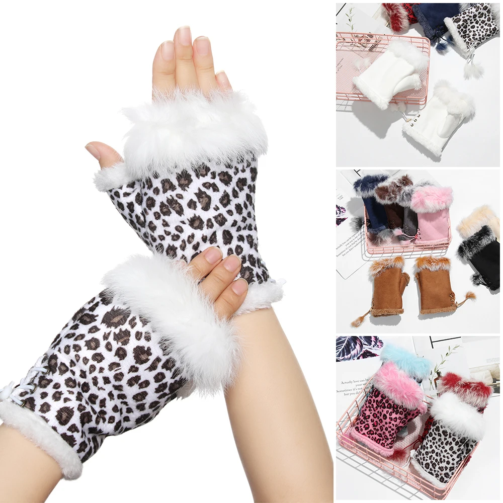 1Pair Fashion Winter Warm Gloves Women Girls Faux Rabbit Fur Warmer Fingerless Mittens Soft Suede Leather Stretch Gloves