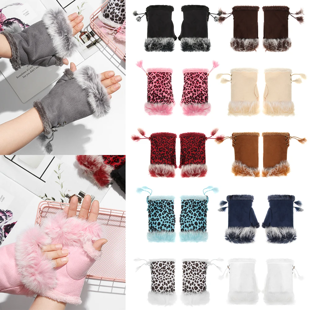1Pair Fashion Winter Warm Gloves Women Girls Faux Rabbit Fur Warmer Fingerless Mittens Soft Suede Leather Stretch Gloves