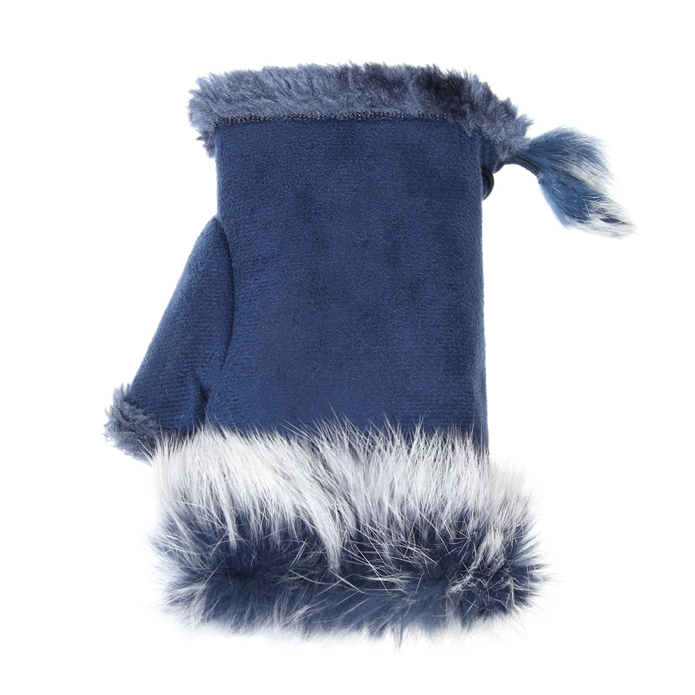 1Pair Fashion Winter Warm Gloves Women Girls Faux Rabbit Fur Warmer Fingerless Mittens Soft Suede Leather Stretch Gloves