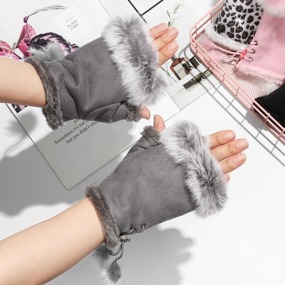 1Pair Fashion Winter Warm Gloves Women Girls Faux Rabbit Fur Warmer Fingerless Mittens Soft Suede Leather Stretch Gloves