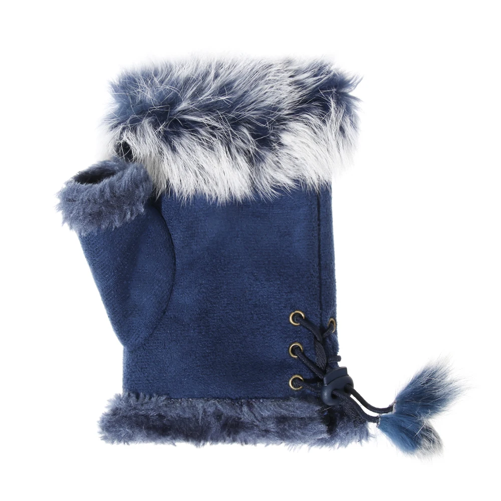 1Pair Fashion Winter Warm Gloves Women Girls Faux Rabbit Fur Warmer Fingerless Mittens Soft Suede Leather Stretch Gloves