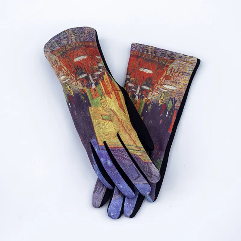 Oil Painting Touch Screen Driving Mittens Women's Winter Suede Leather Motorcycle Gloves Ourdoor Warm Sport Ski Cycling Glove