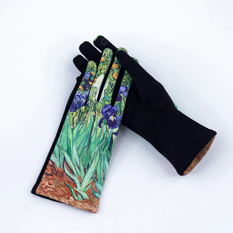 Oil Painting Touch Screen Driving Mittens Women's Winter Suede Leather Motorcycle Gloves Ourdoor Warm Sport Ski Cycling Glove