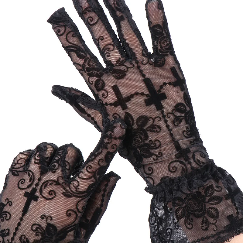 Punk Gothic Lolita Halloween Cosplay Rose Cross Black Lace Thin Gloves Halloween Women Sexy Transparent Elasticity Mesh Mittens