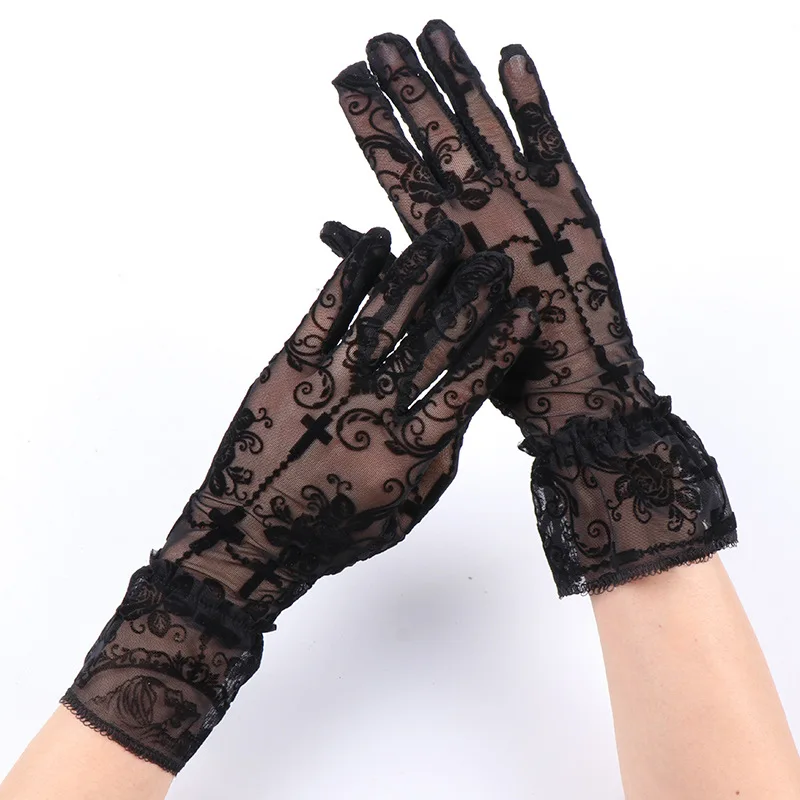 Punk Gothic Lolita Halloween Cosplay Rose Cross Black Lace Thin Gloves Halloween Women Sexy Transparent Elasticity Mesh Mittens