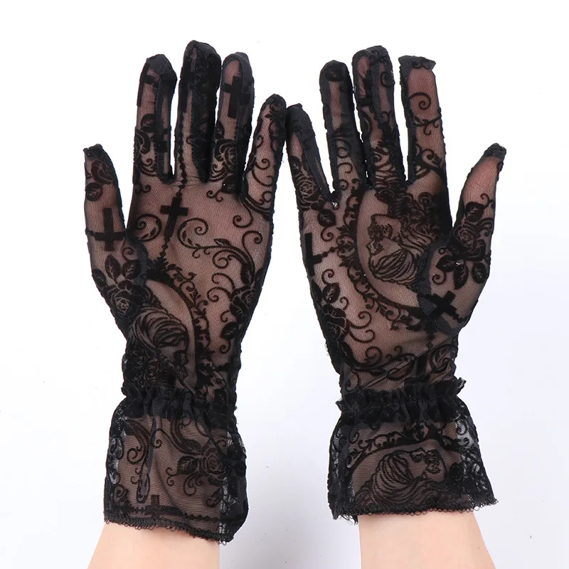 Punk Gothic Lolita Halloween Cosplay Rose Cross Black Lace Thin Gloves Halloween Women Sexy Transparent Elasticity Mesh Mittens