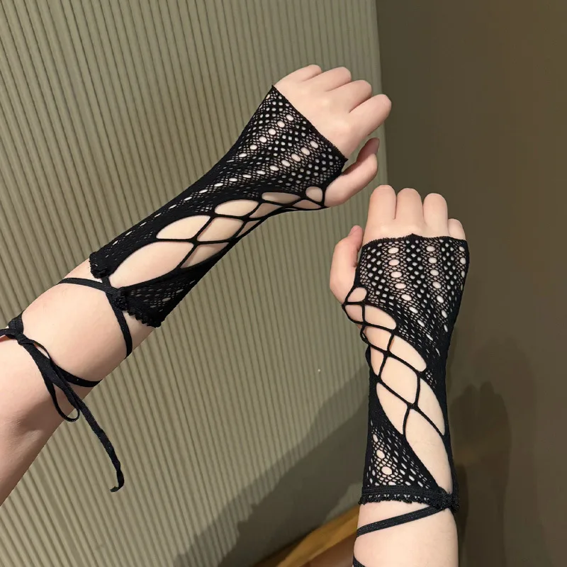 Lace cross tie sleeve gloves for women's fingerless fishing net gloves, summer sun protection party wedding gloves