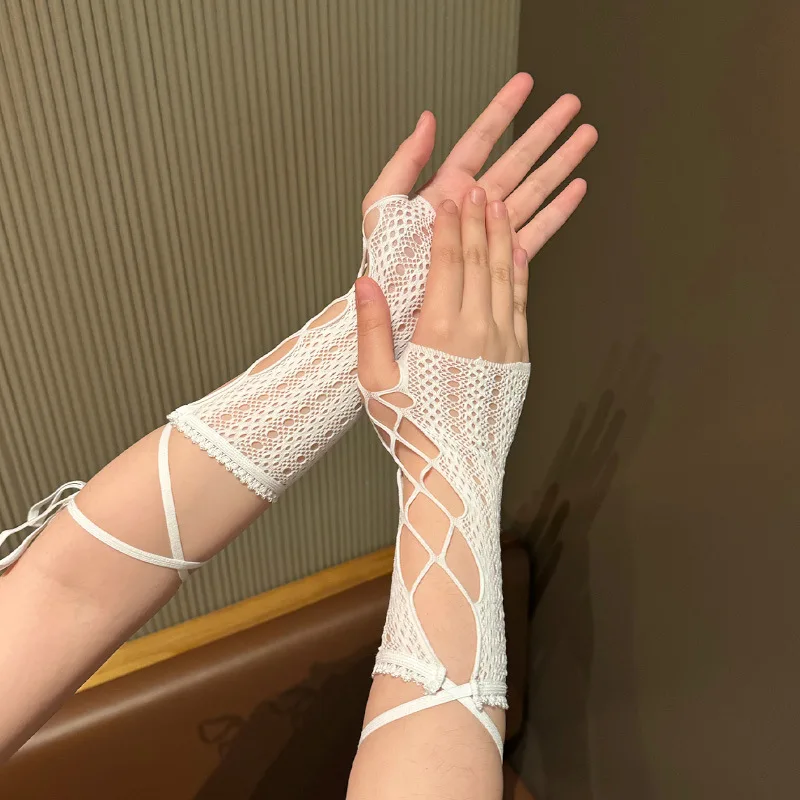 Lace cross tie sleeve gloves for women's fingerless fishing net gloves, summer sun protection party wedding gloves