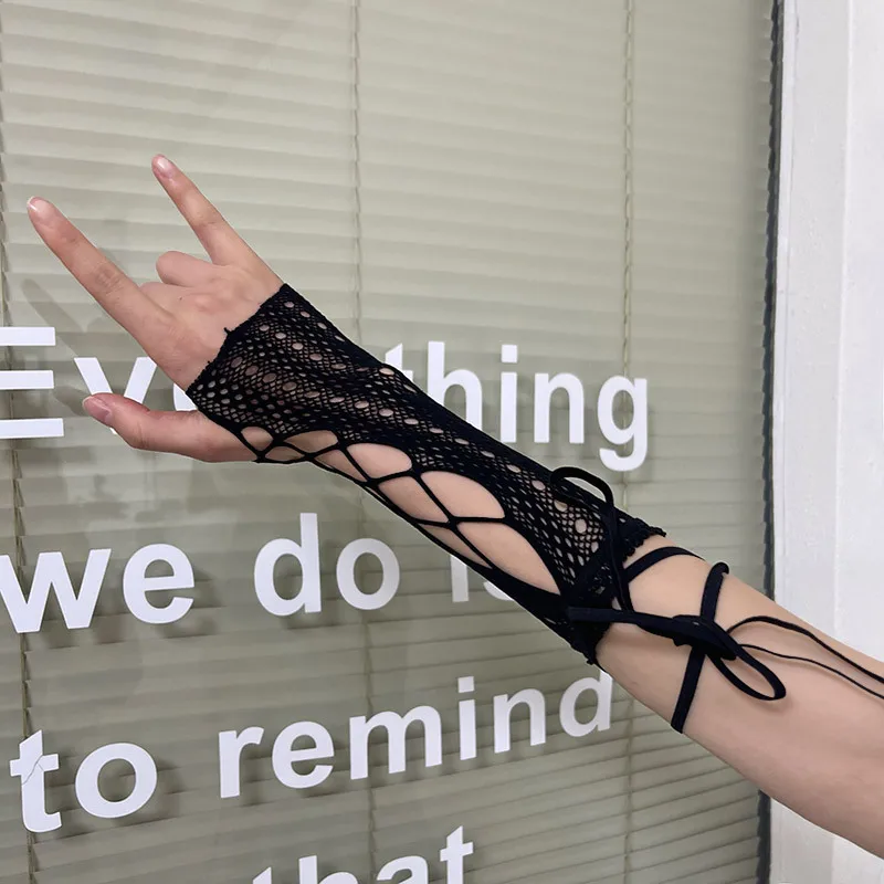 Lace cross tie sleeve gloves for women's fingerless fishing net gloves, summer sun protection party wedding gloves