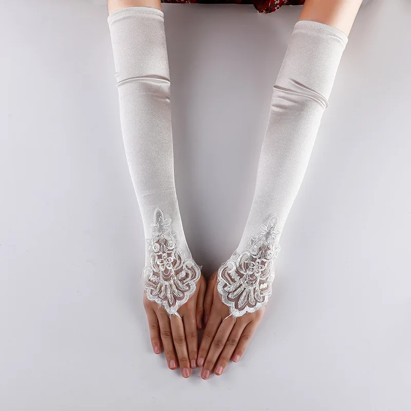 Vintage Embroidery Fingerless Lace Sequins Gloves Bride Mittens Party Accessories Opera Black Women Satin Sexy Long Gloves