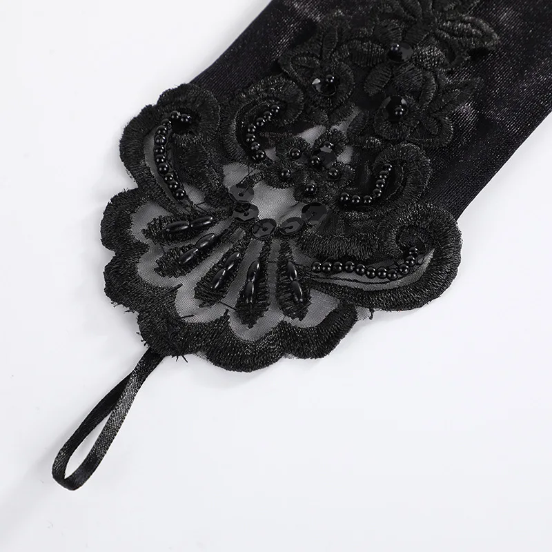 Vintage Embroidery Fingerless Lace Sequins Gloves Bride Mittens Party Accessories Opera Black Women Satin Sexy Long Gloves