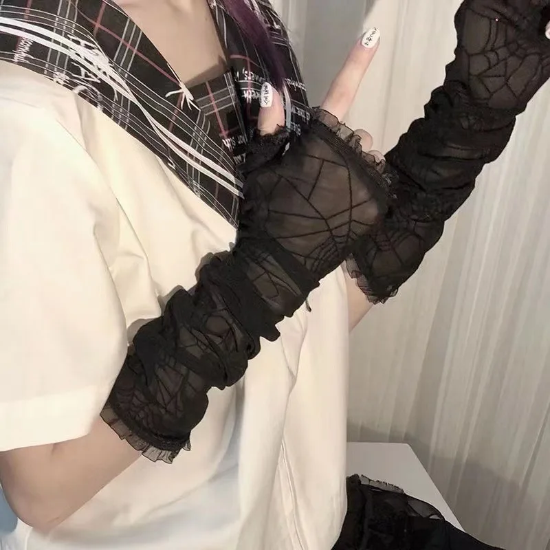 Gothic Lolita Girls Black Spider Web Gloves Punk Harajuku Halloween Cosplay Women Sexy Half Finger Fingerless Lace Mesh Mittens