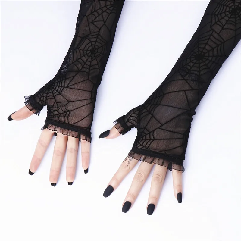 Gothic Lolita Girls Black Spider Web Gloves Punk Harajuku Halloween Cosplay Women Sexy Half Finger Fingerless Lace Mesh Mittens