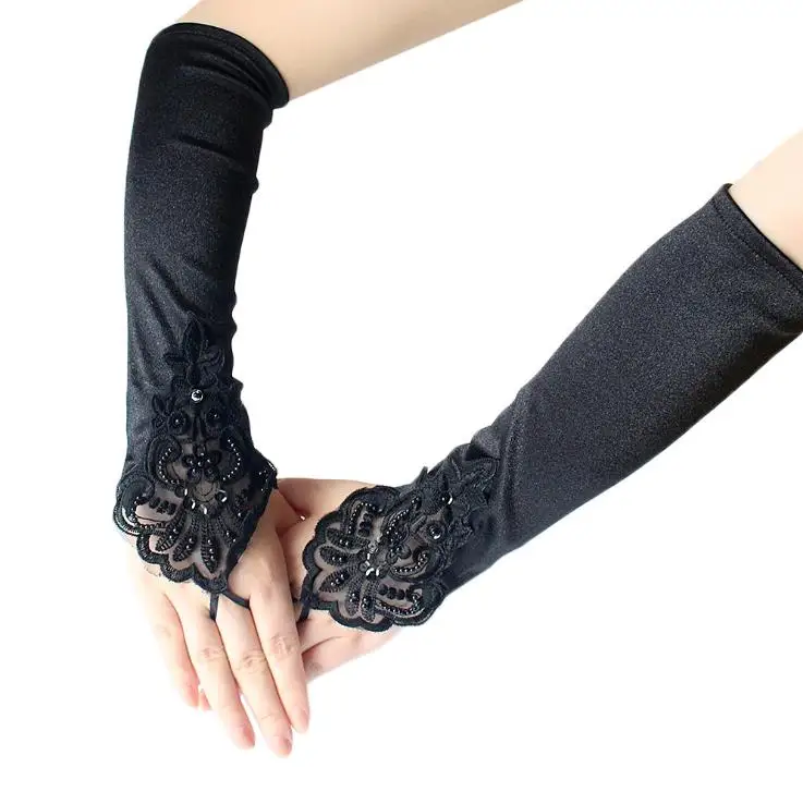Vintage 1920s Fingerless Lace Sequins Satin Party Gloves Costume Accessories Stretch Opera Black Women Long Gloves