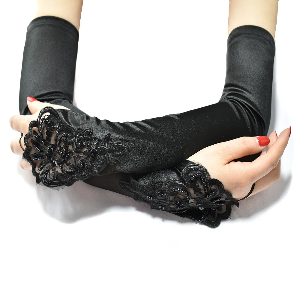Vintage 1920s Fingerless Lace Sequins Satin Party Gloves Costume Accessories Stretch Opera Black Women Long Gloves
